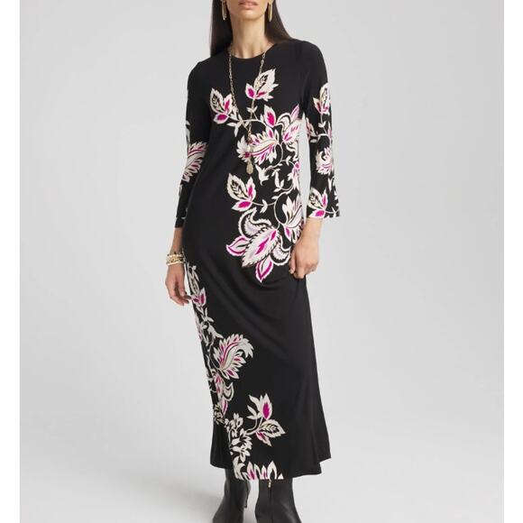 Chico's | NEW Black Paisley Floral Stretch Maxi Dress RTL $129.50 Large Petite - Picture 1 of 9